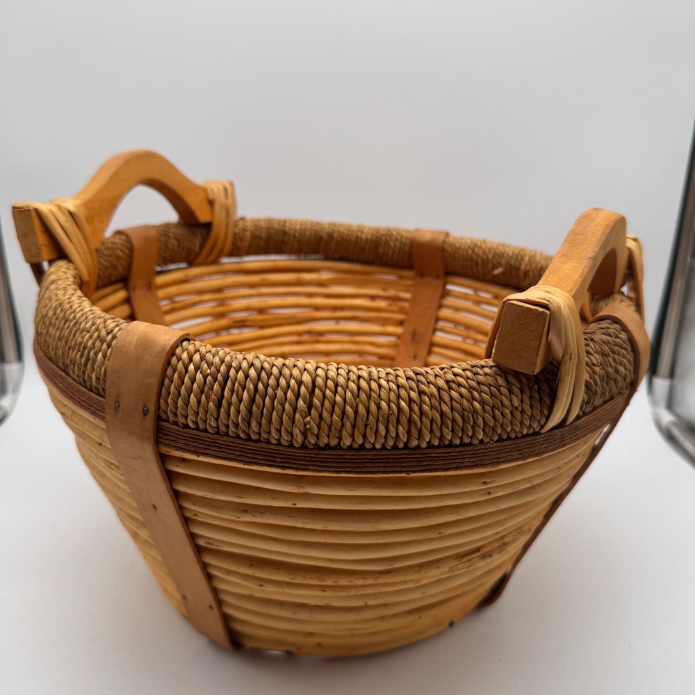 Vintage Woven Gathering Basket Wood Handles Split Reed Jute Rope Rim 11" Autumn